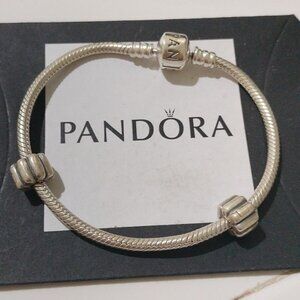 Pandora Sterling Silver 7" Snakechain Starter Bracelet w/  2 Ribbed Clips 790163